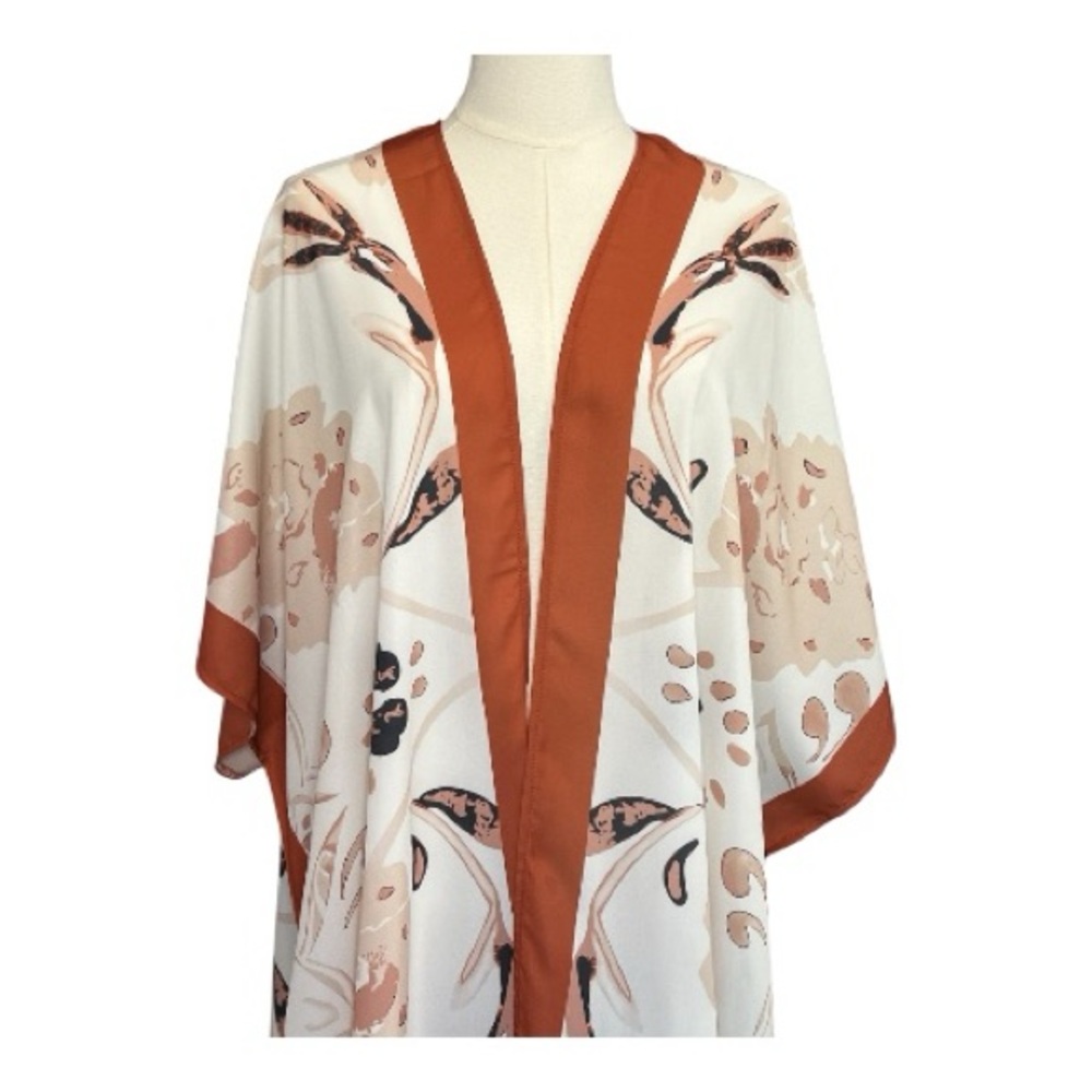 🤎🤍 EUC Bohemian Cream & Rust Print Chiffon Kimono Caftan Cover Up | OS - Picture 2 of 7